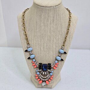 J Crew Statement Necklace Blue Pink Orange Faceted Rhinestone Big Gaudy